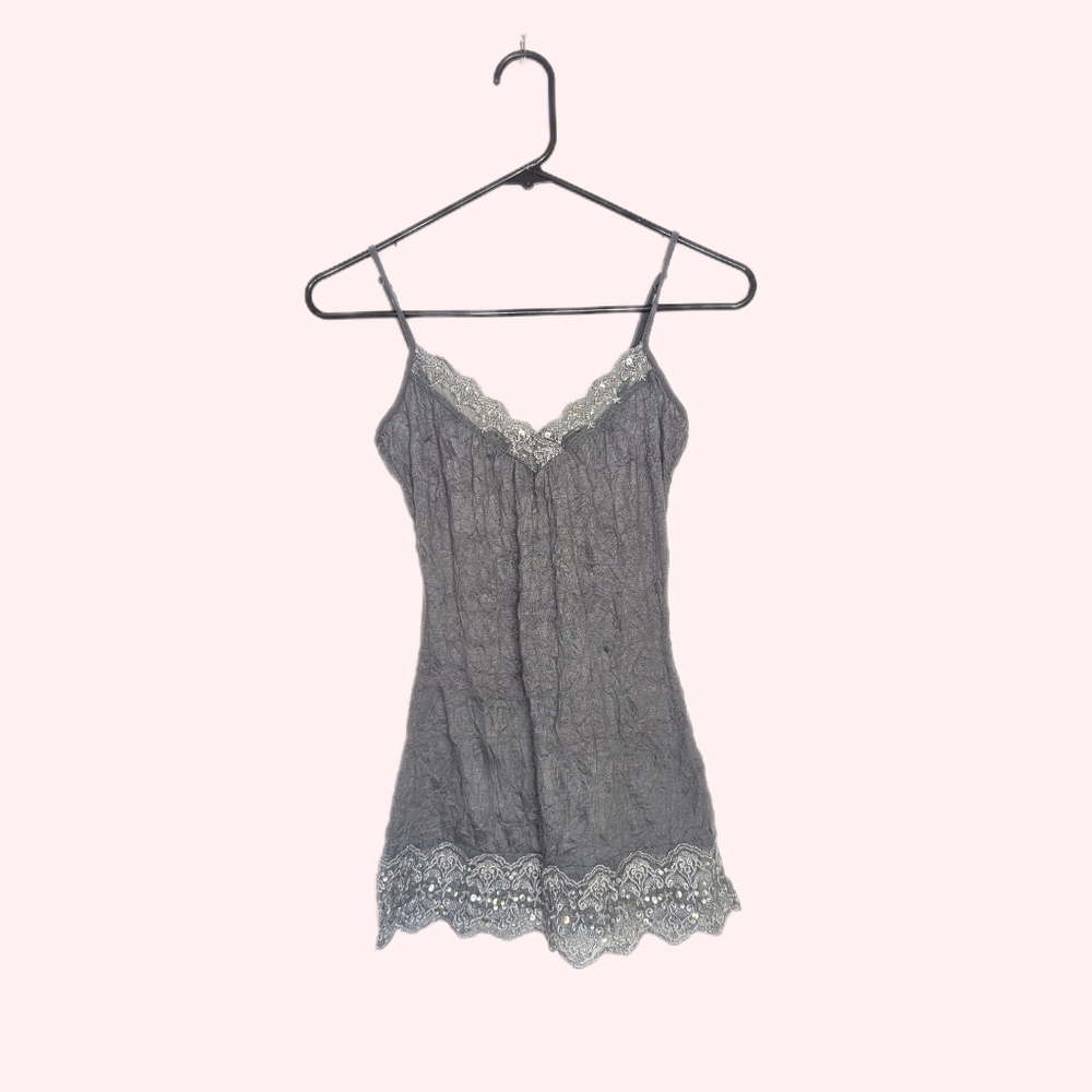 Early 2000s Sequin Lace Trim Grunge Goth Feminine V Neck Cami